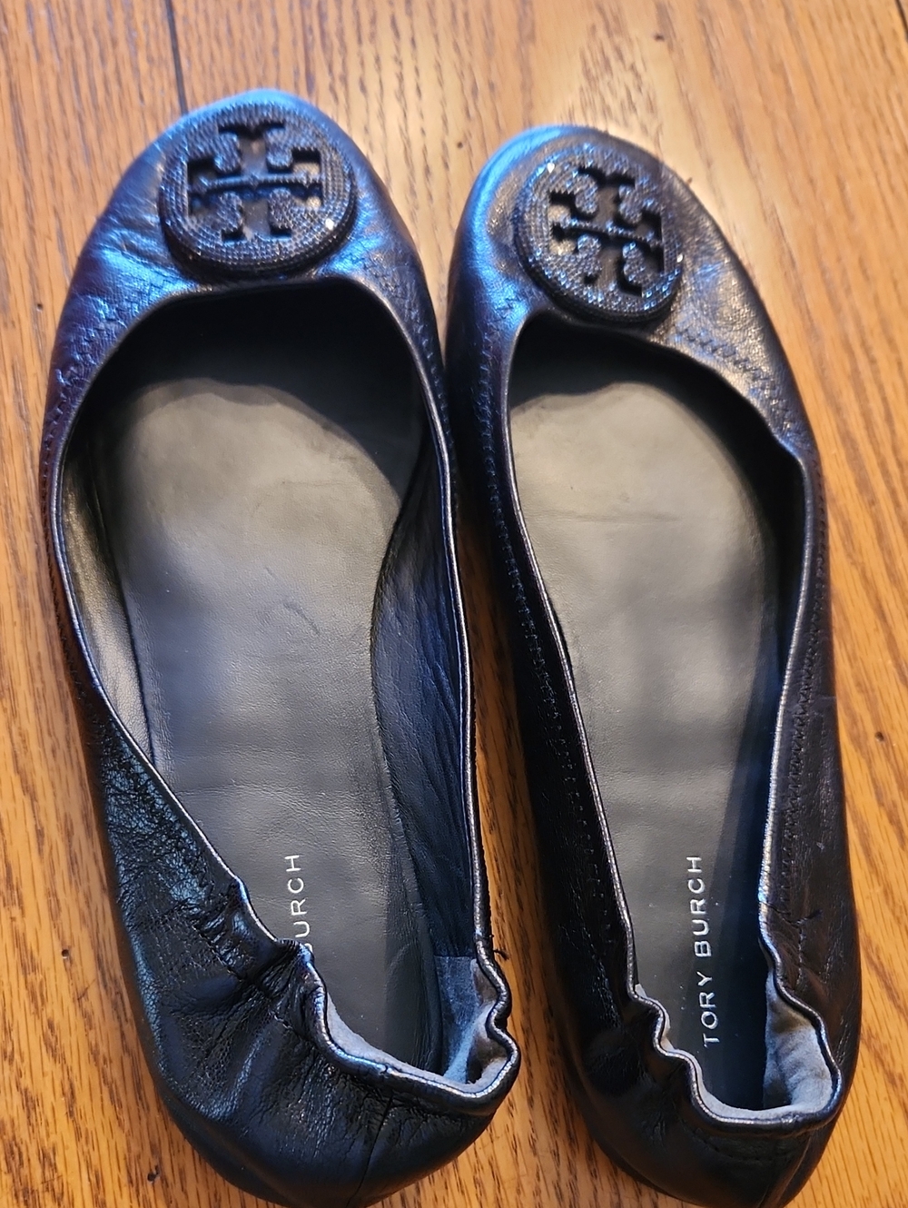 Tory Burch Black Leather Logo Round-Toe Ballet Flats